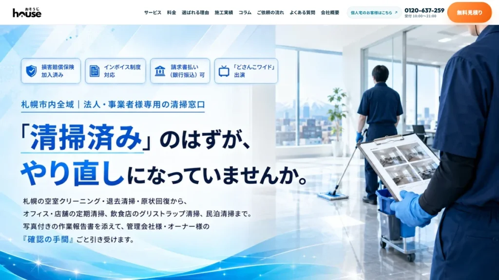 札幌の法人向け清掃 おそうじハウス札幌【法人様専用】のサイト トップページ